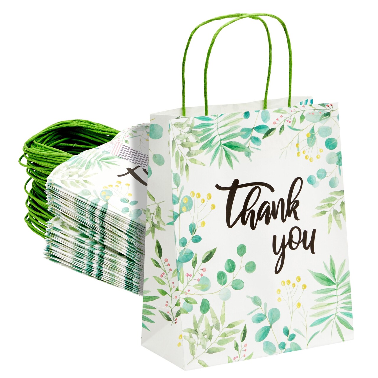 50 Pack Green Leaf Paper Gift Bags with Handles, White Thank You Bag for Small Business Boutique, Baby Shower Party Favors, 10x8x4 in